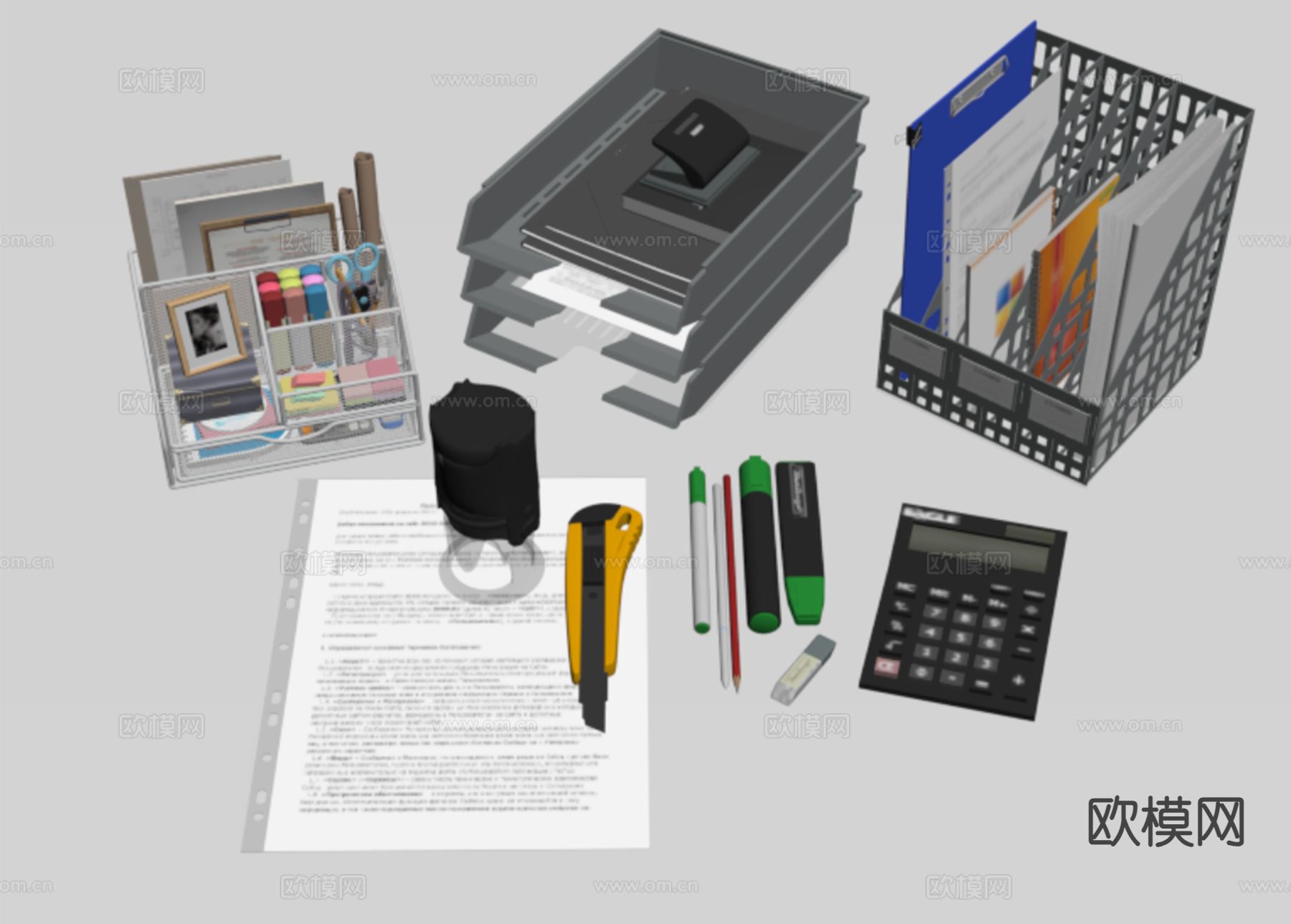 办公用品 收纳架 文件盒 计算器su模型