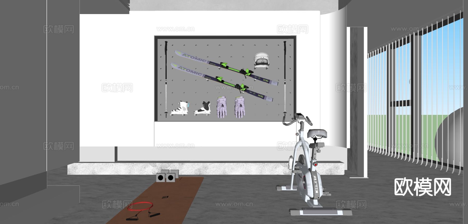 现代家庭健身房 健身器材 动感单车su模型