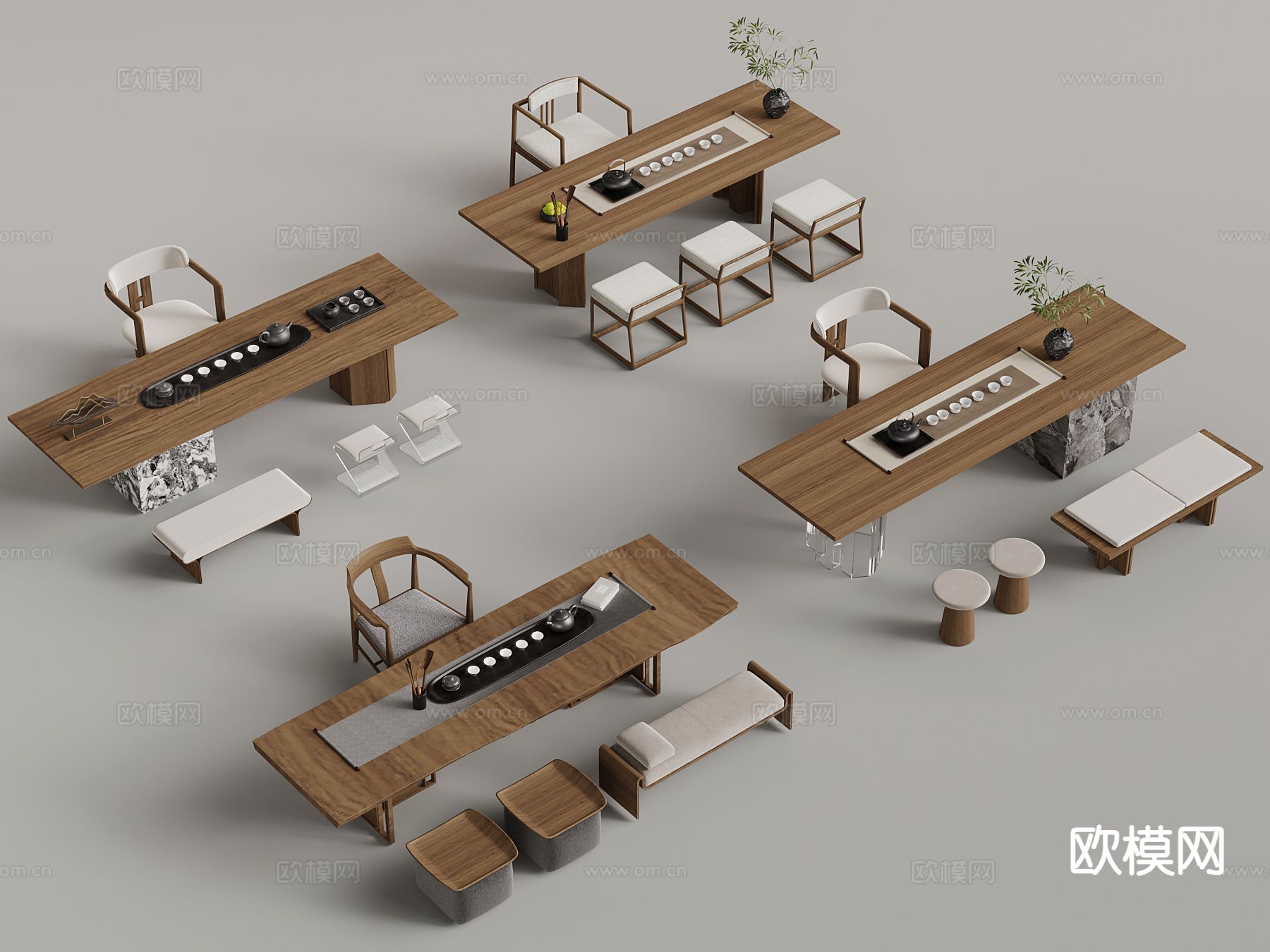 新中式茶桌椅 茶具 博古架3d模型