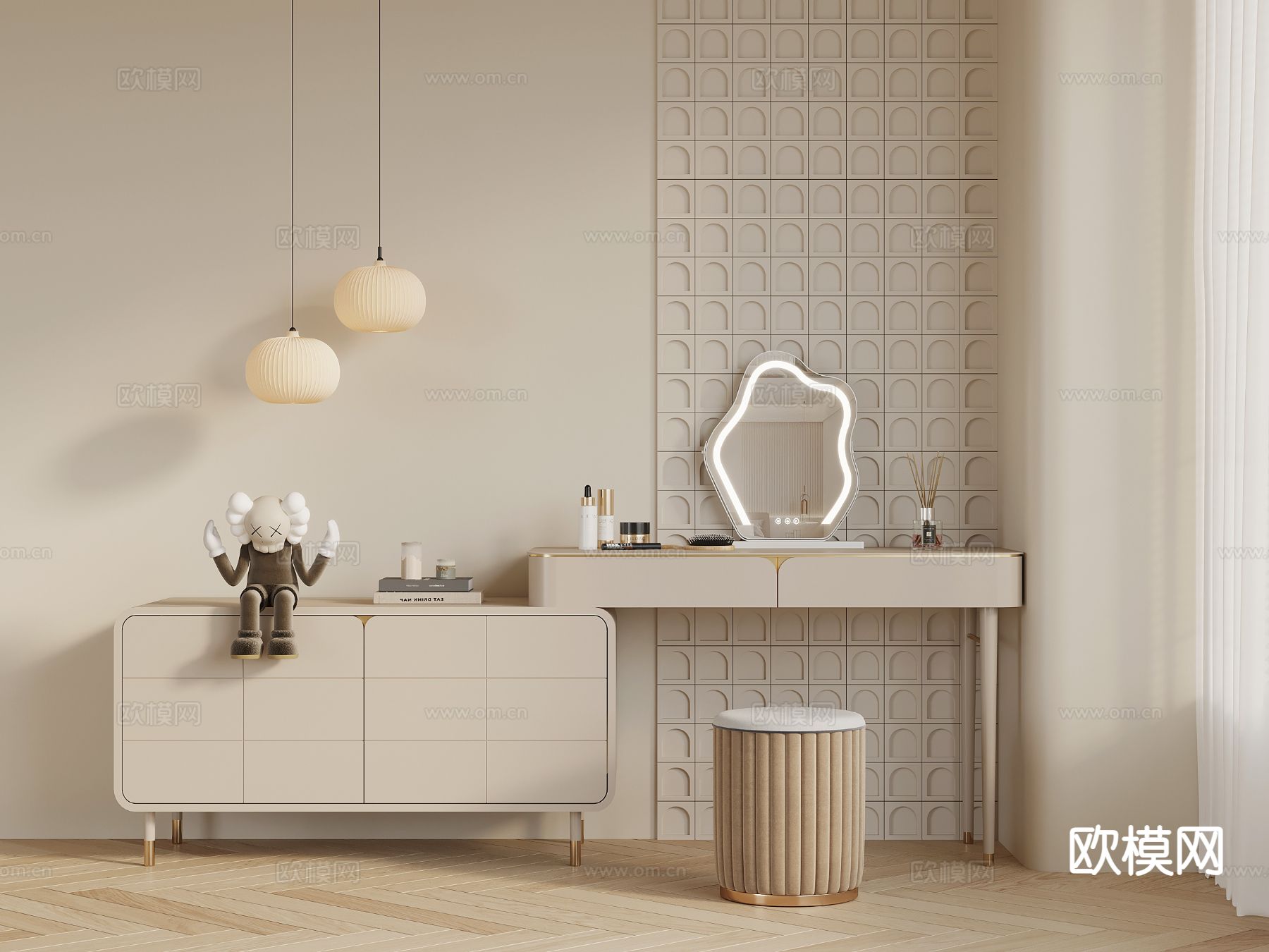 奶油风梳妆台su模型下载（渲染图2）