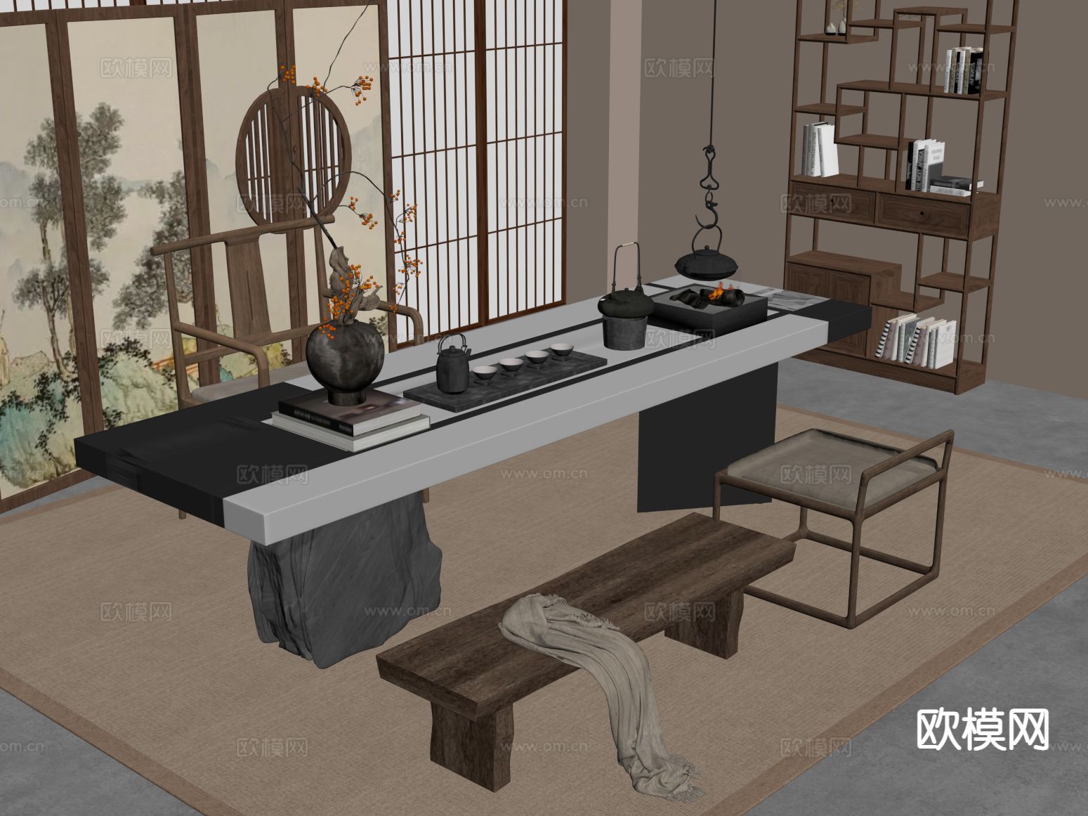 新中式茶桌椅su模型下载（渲染图1）