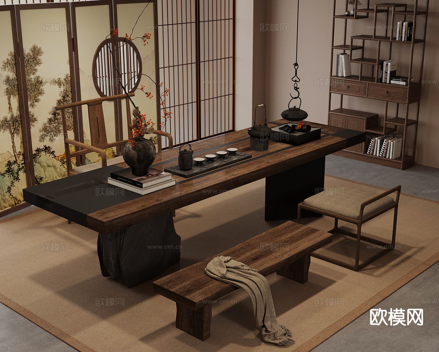 新中式茶桌椅su模型下载（渲染图2）