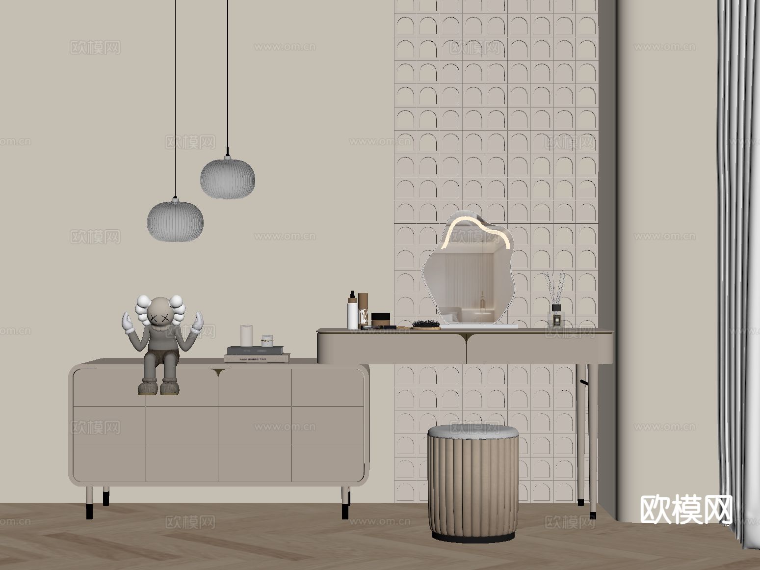 奶油风梳妆台su模型下载（渲染图1）
