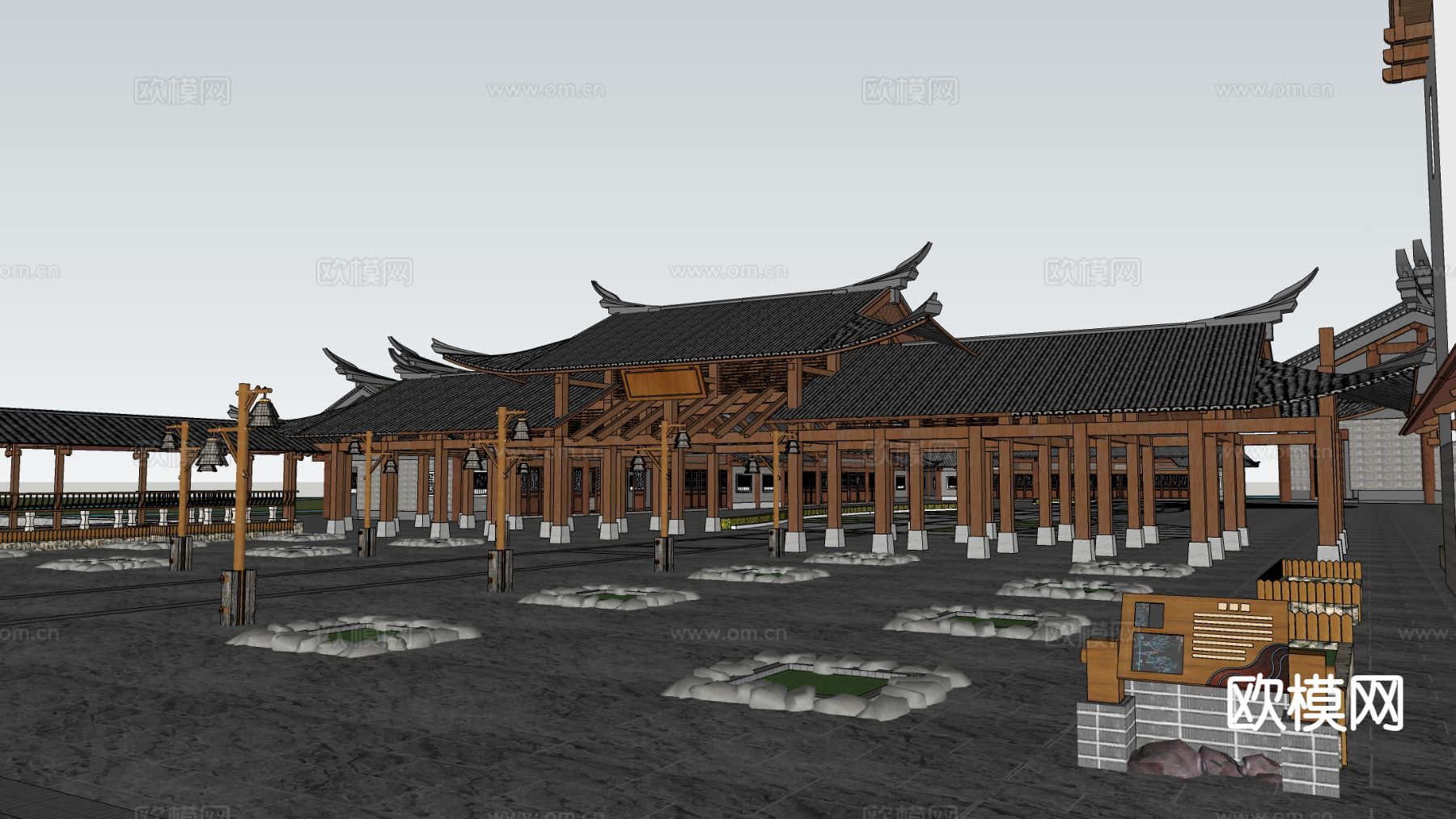 中式古建 廊架 牌楼su模型下载（渲染图1）