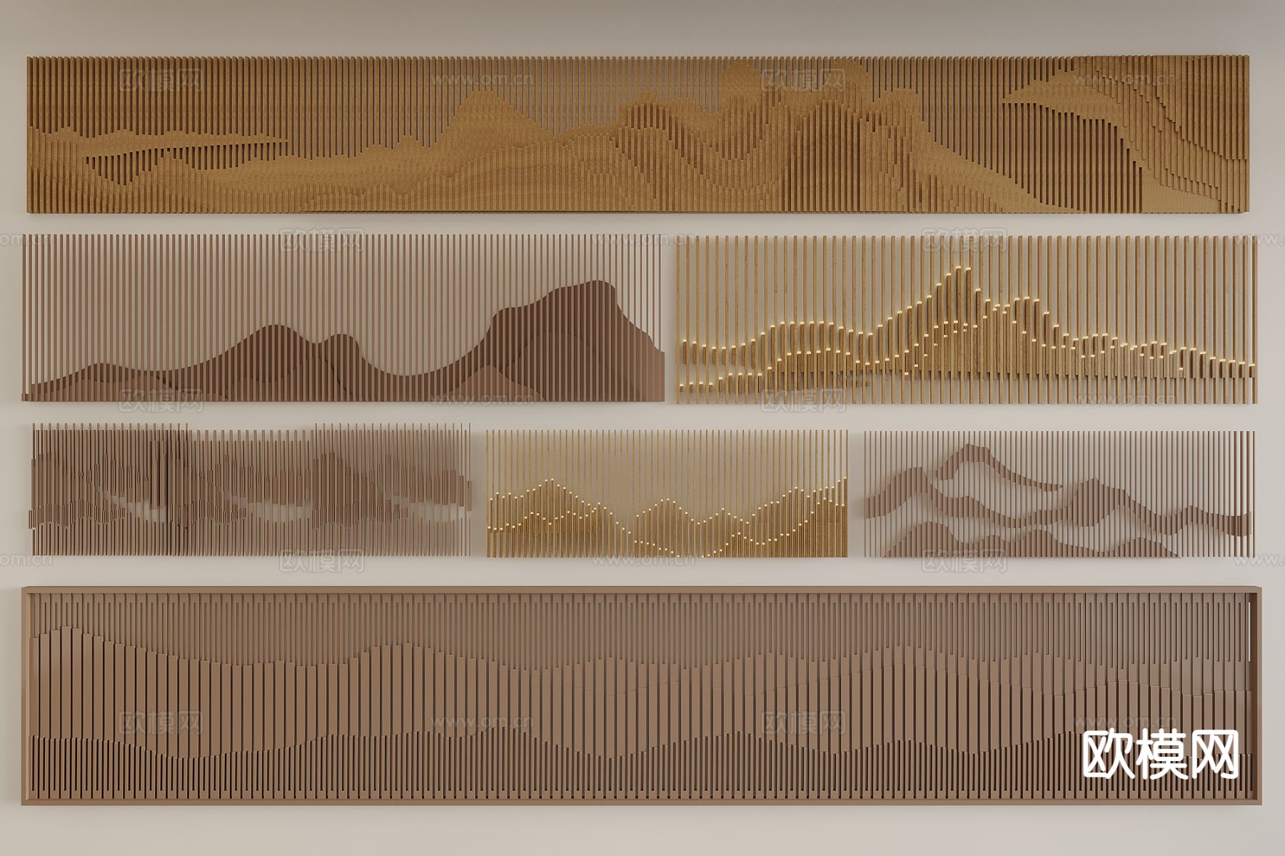 中式金属格栅 背景墙 山水格栅墙3d模型