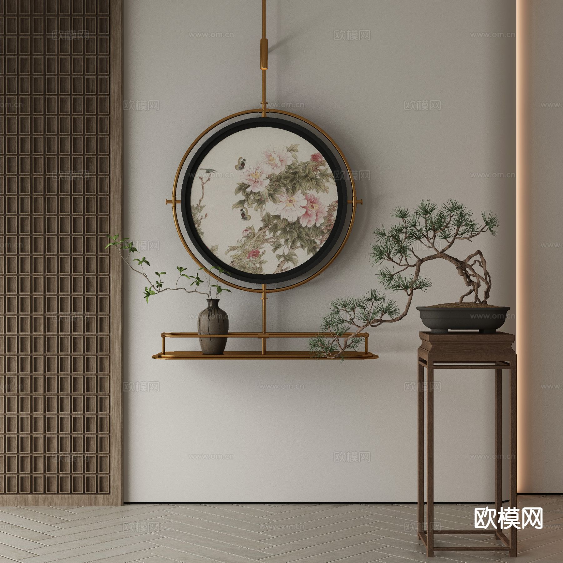 新中式装饰画 金属杆挂画3d模型下载