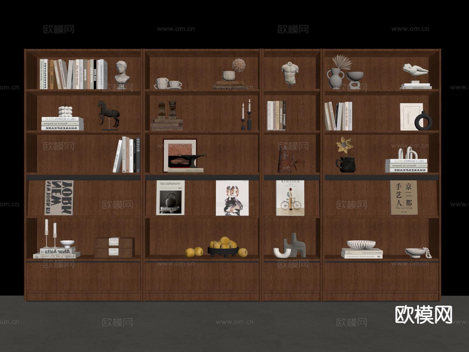 中古风书柜su模型下载（渲染图1）