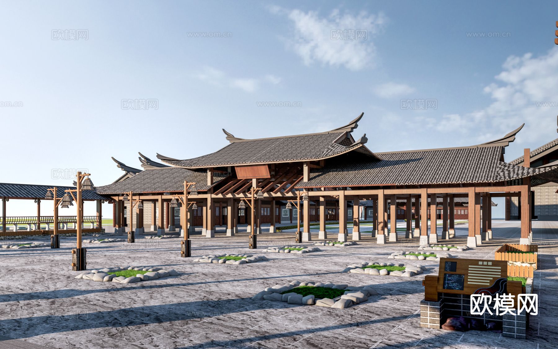 中式古建 廊架 牌楼su模型下载（渲染图2）