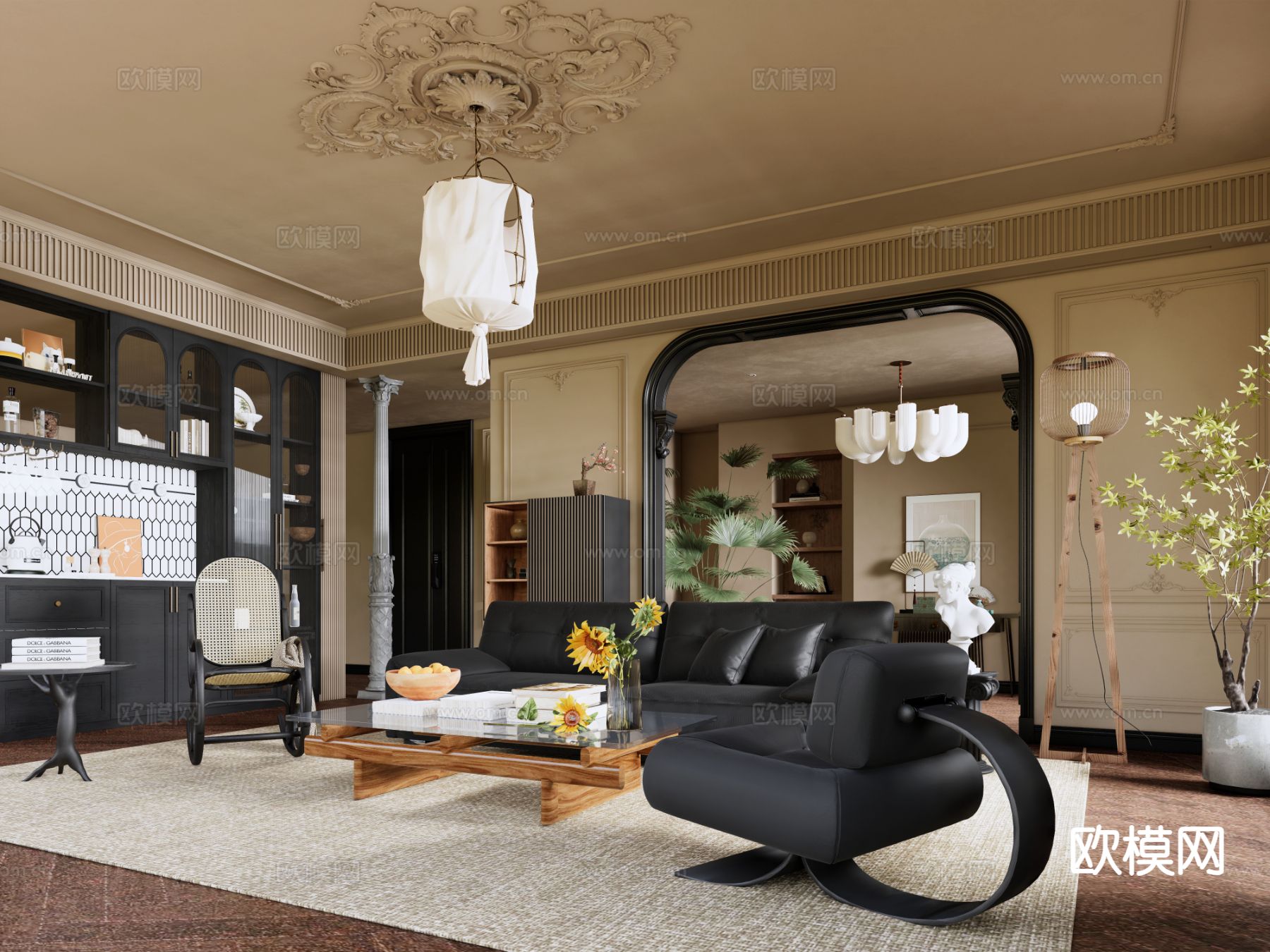 中古风客厅su模型下载（渲染图3）