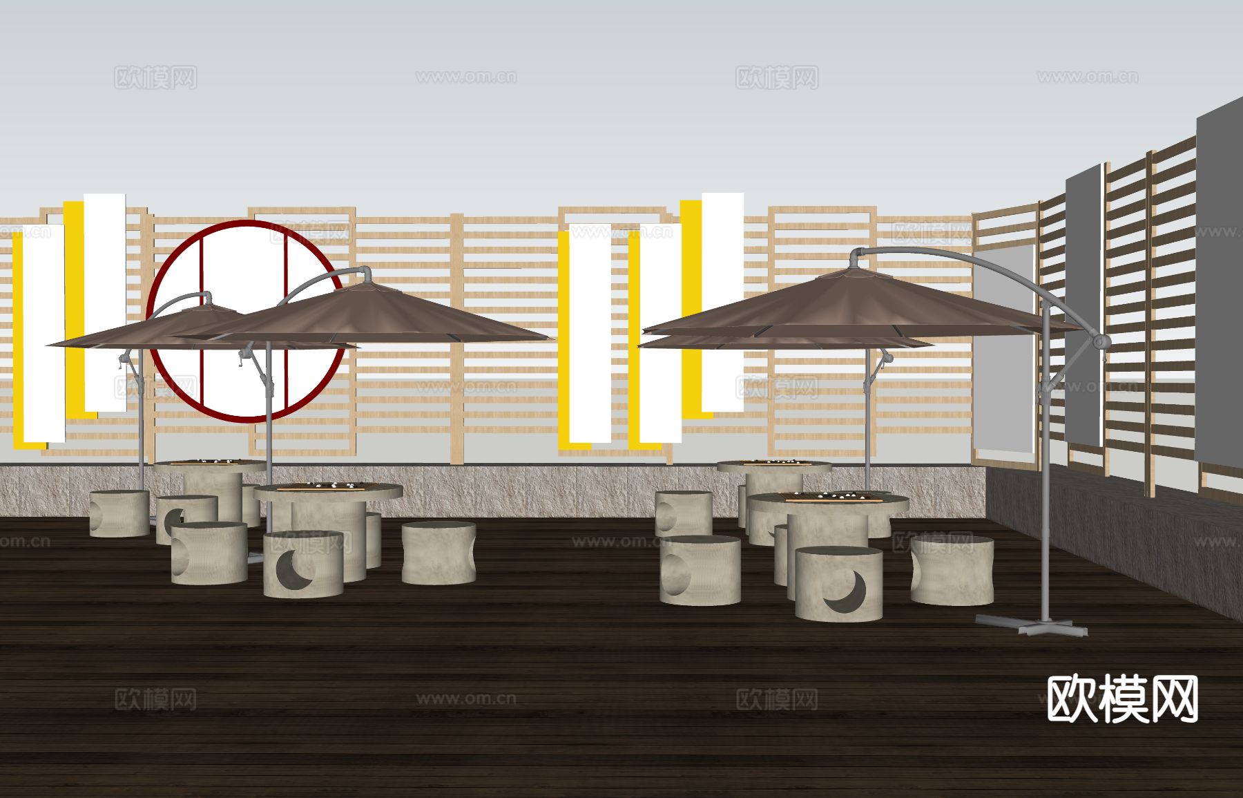 复古风户外围墙老年人活动区su模型下载（渲染图1）