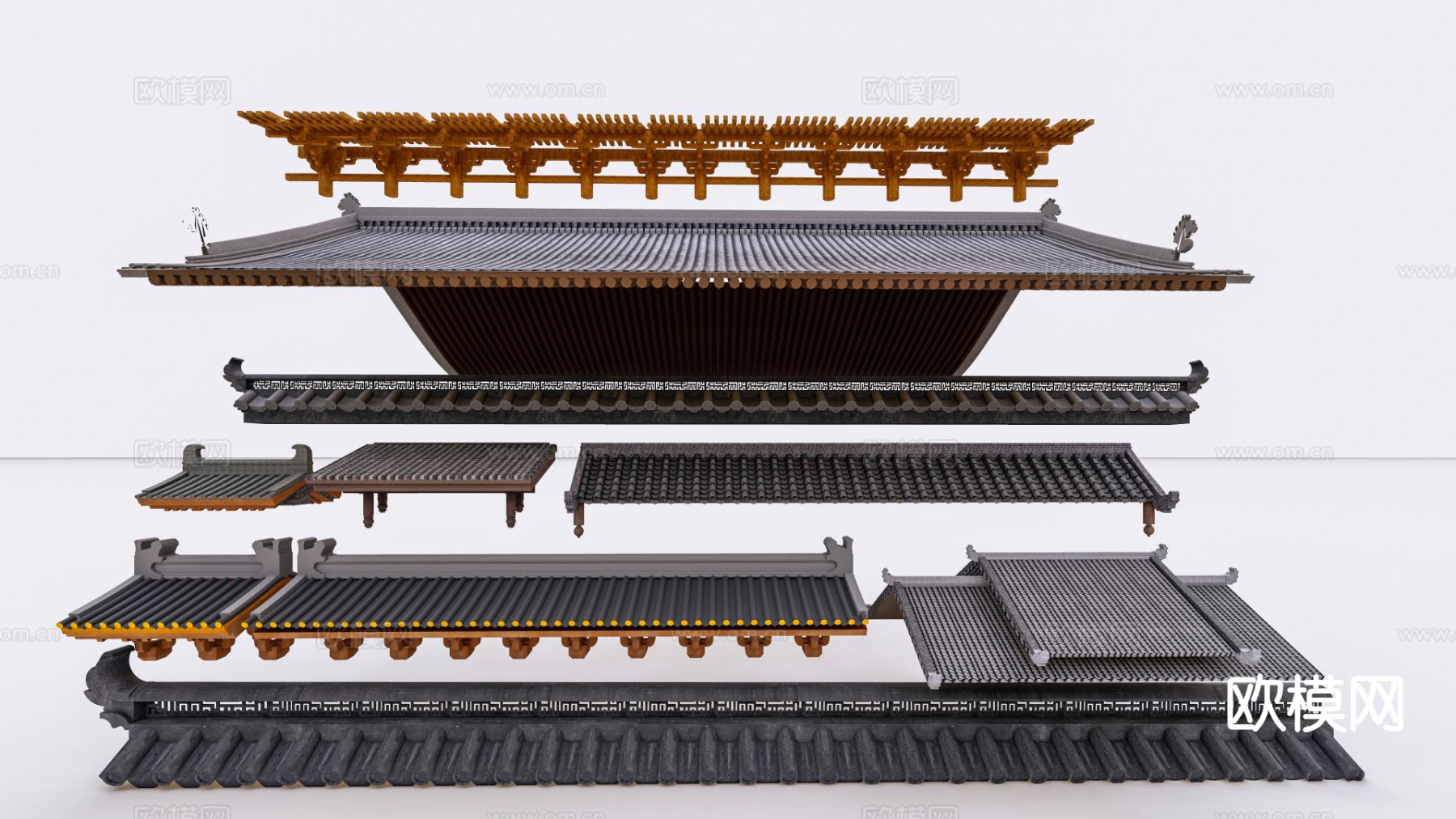 新中式仿古屋顶 墙檐屋檐 斗拱 仿琉璃瓦su模型