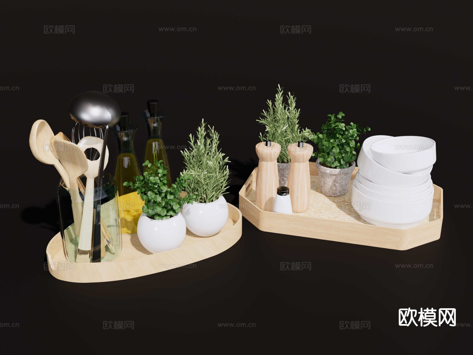 餐盘 托盘 调料盒 铲子饭勺 餐桌配饰su模型下载（渲染图2）