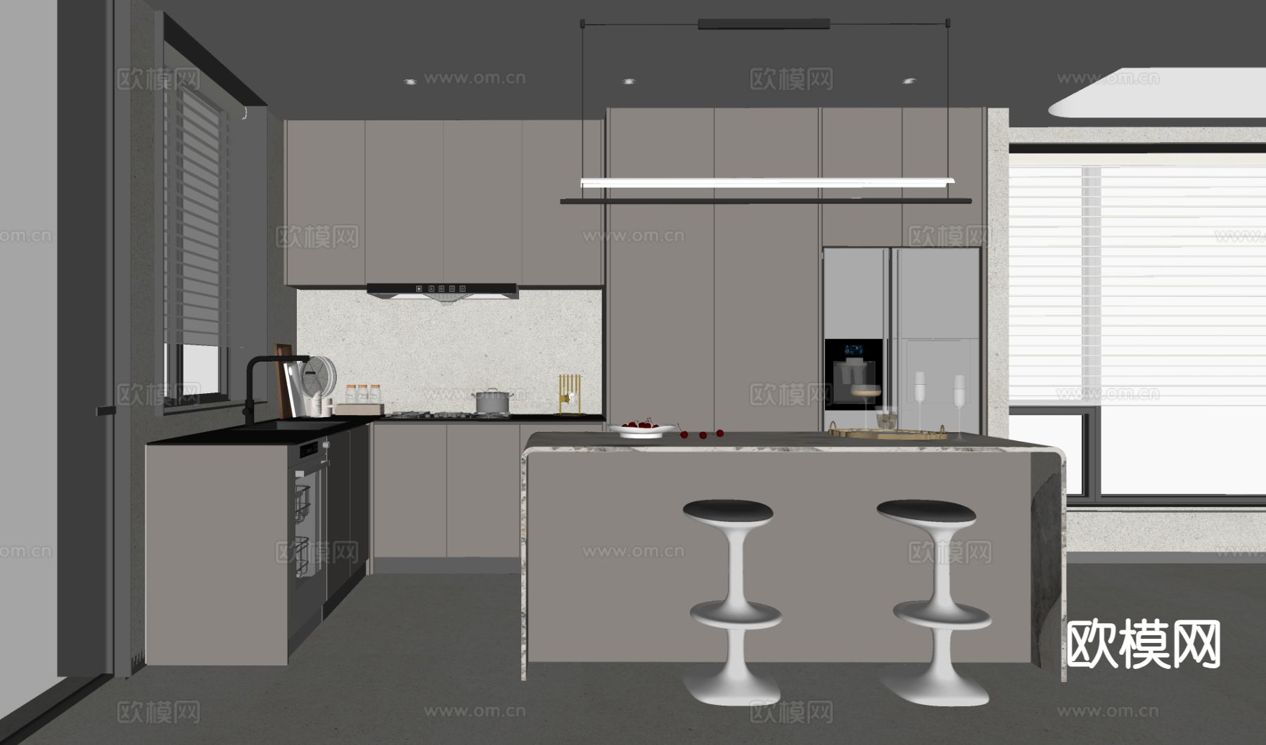 开放式厨房 中岛橱柜su模型