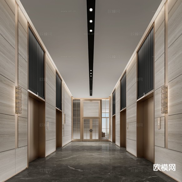 新中式酒店电梯厅3d模型下载