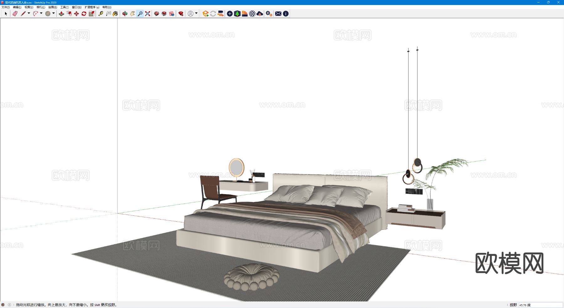 奶油风双人床su模型下载（渲染图1）