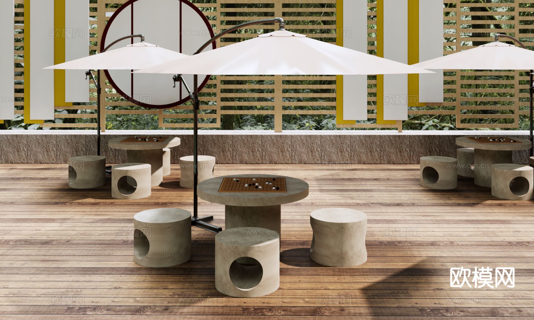 复古风户外围墙老年人活动区su模型下载（渲染图3）