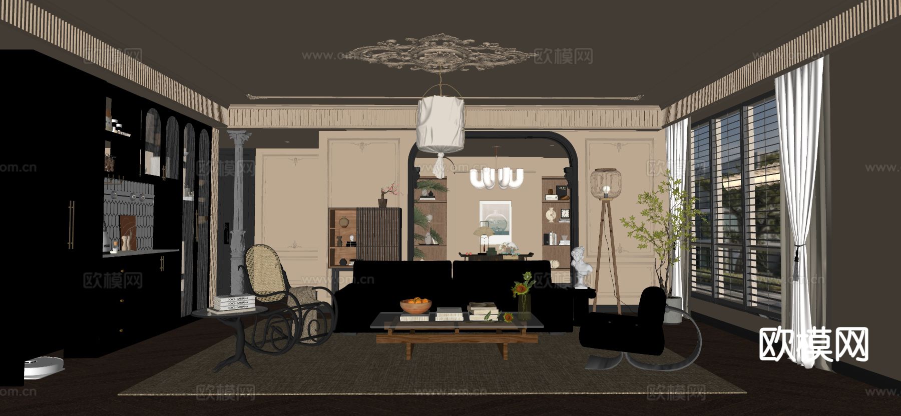 中古风客厅su模型下载（渲染图1）