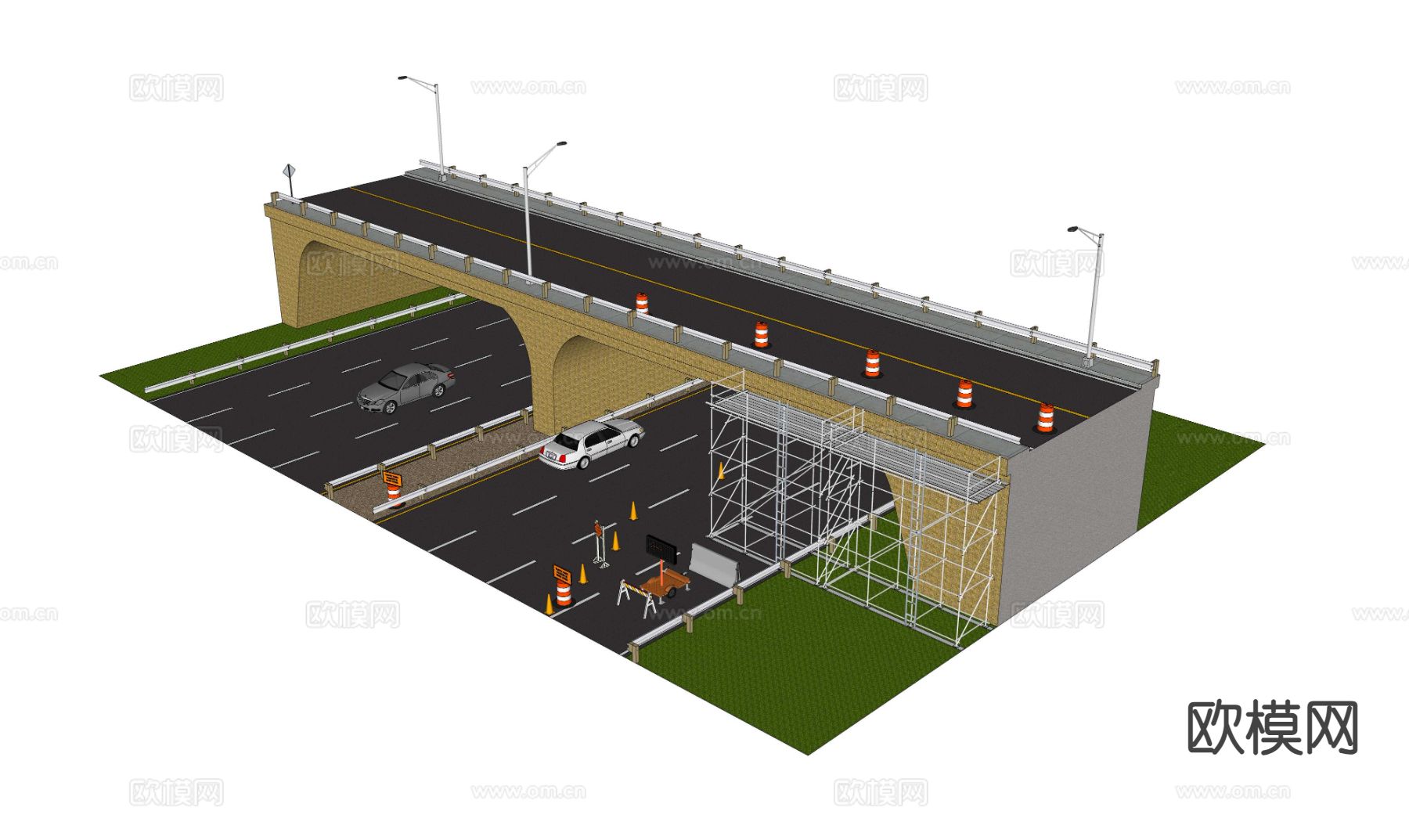 桥洞公路 路面维修施工 脚手架su模型