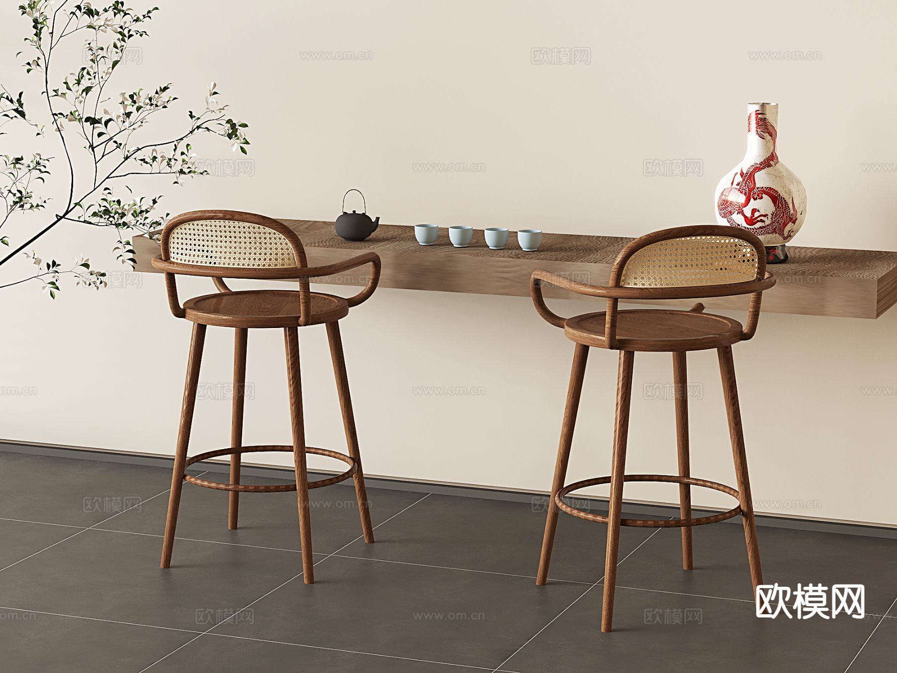 中古风藤编茶桌椅3d模型下载