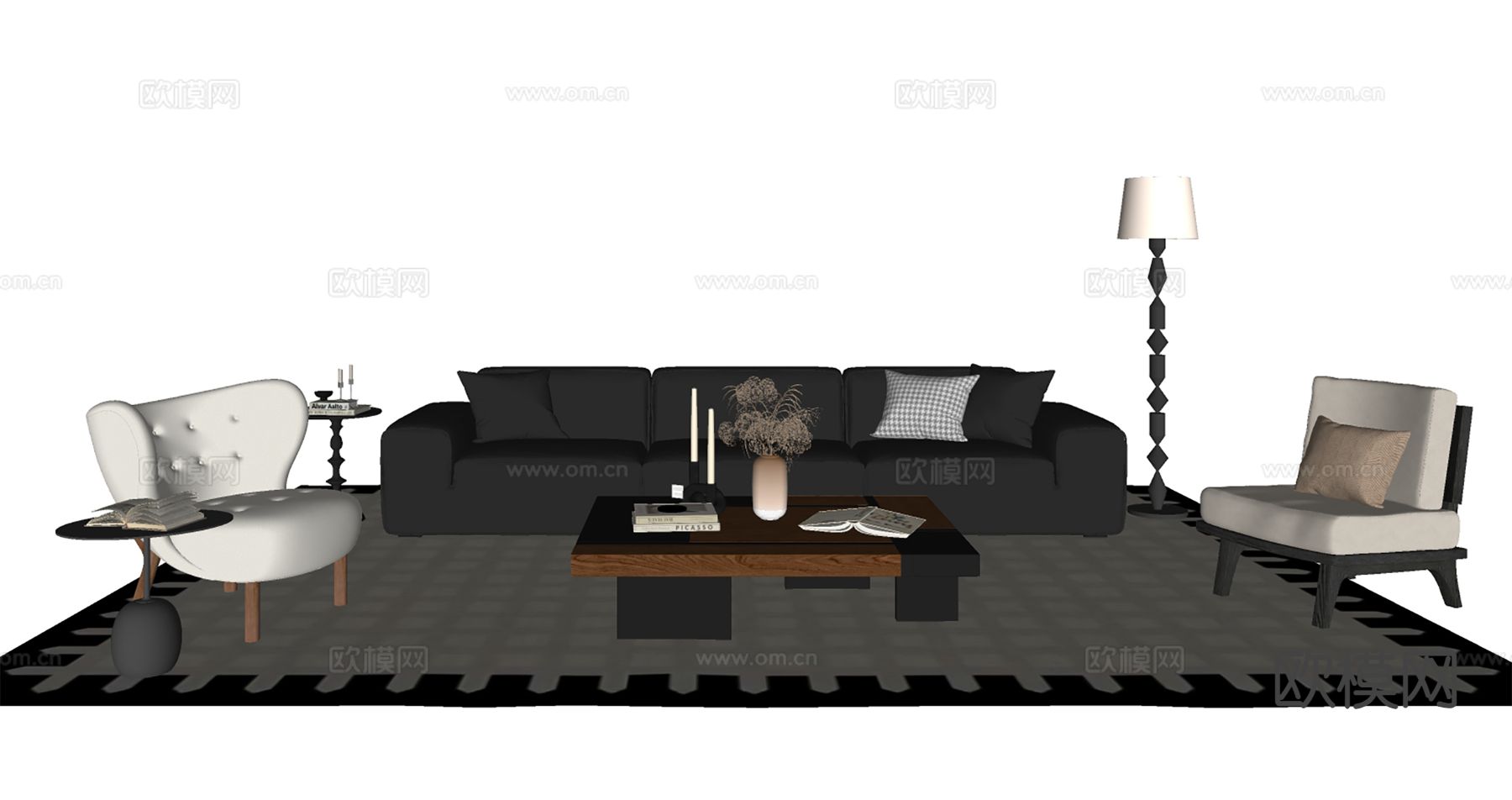中古风组合沙发su模型下载（渲染图1）