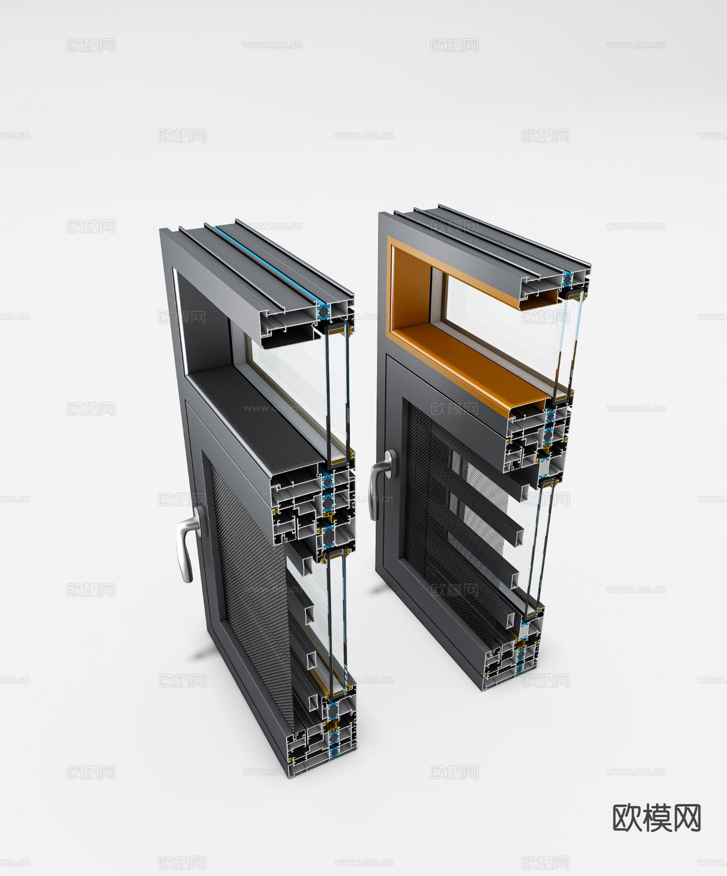 现代门窗E型样角 铝合金门窗款式 门窗料角展示 门窗五金配3d模型