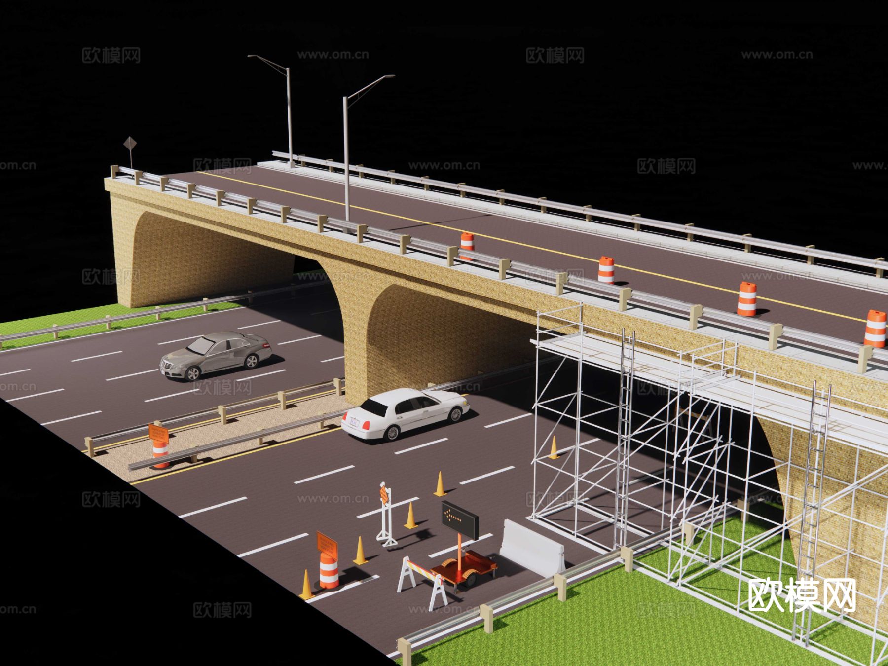 桥洞公路 路面维修施工 脚手架su模型