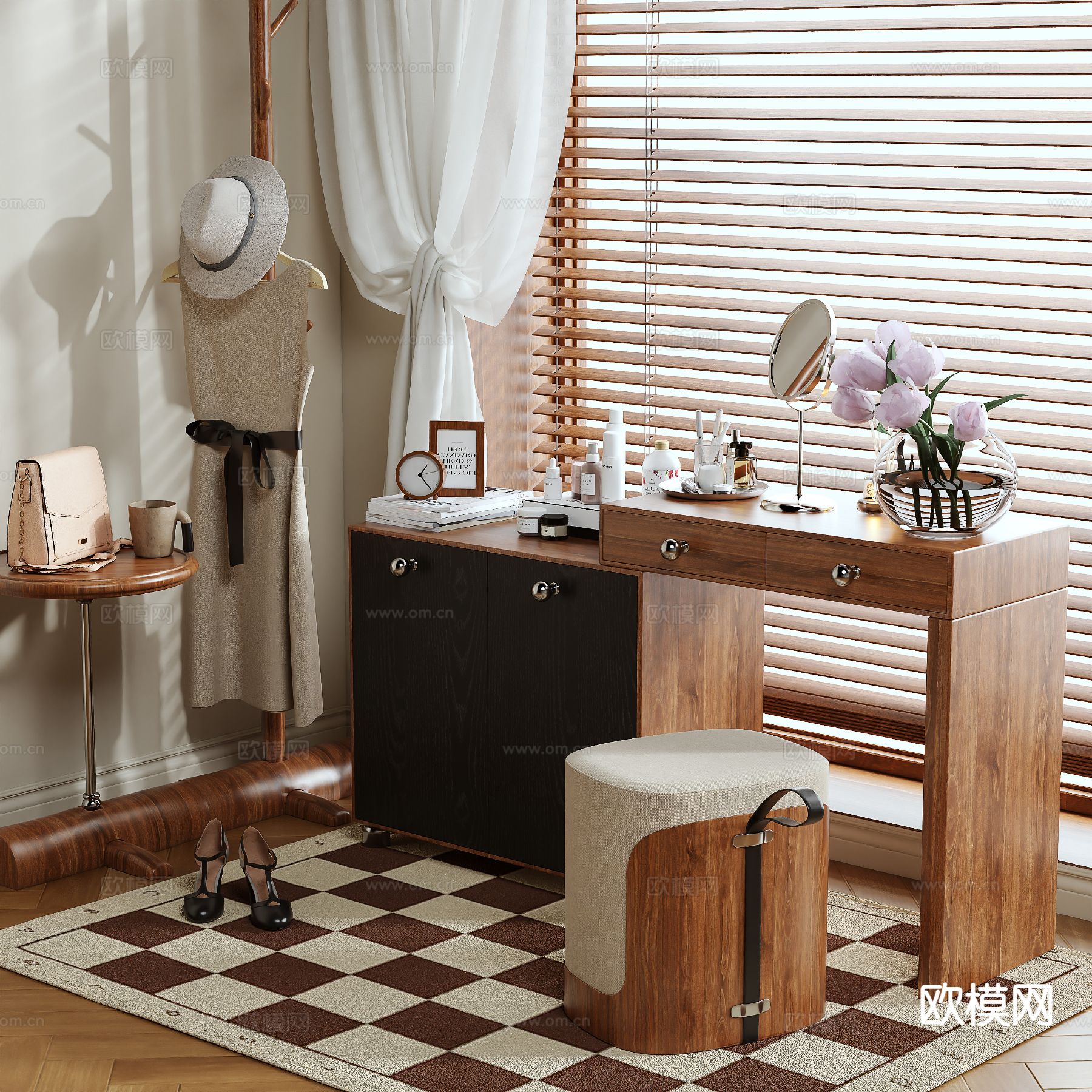 原木风梳妆台3d模型下载