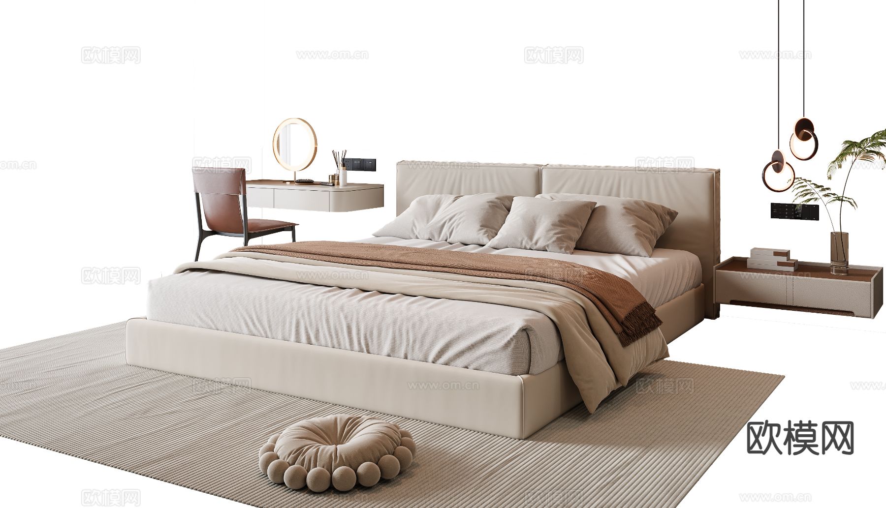 奶油风双人床su模型下载（渲染图2）