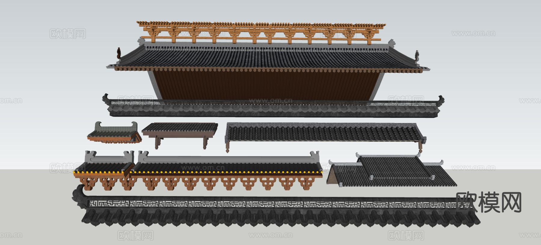 新中式仿古屋顶 墙檐屋檐 斗拱 仿琉璃瓦su模型