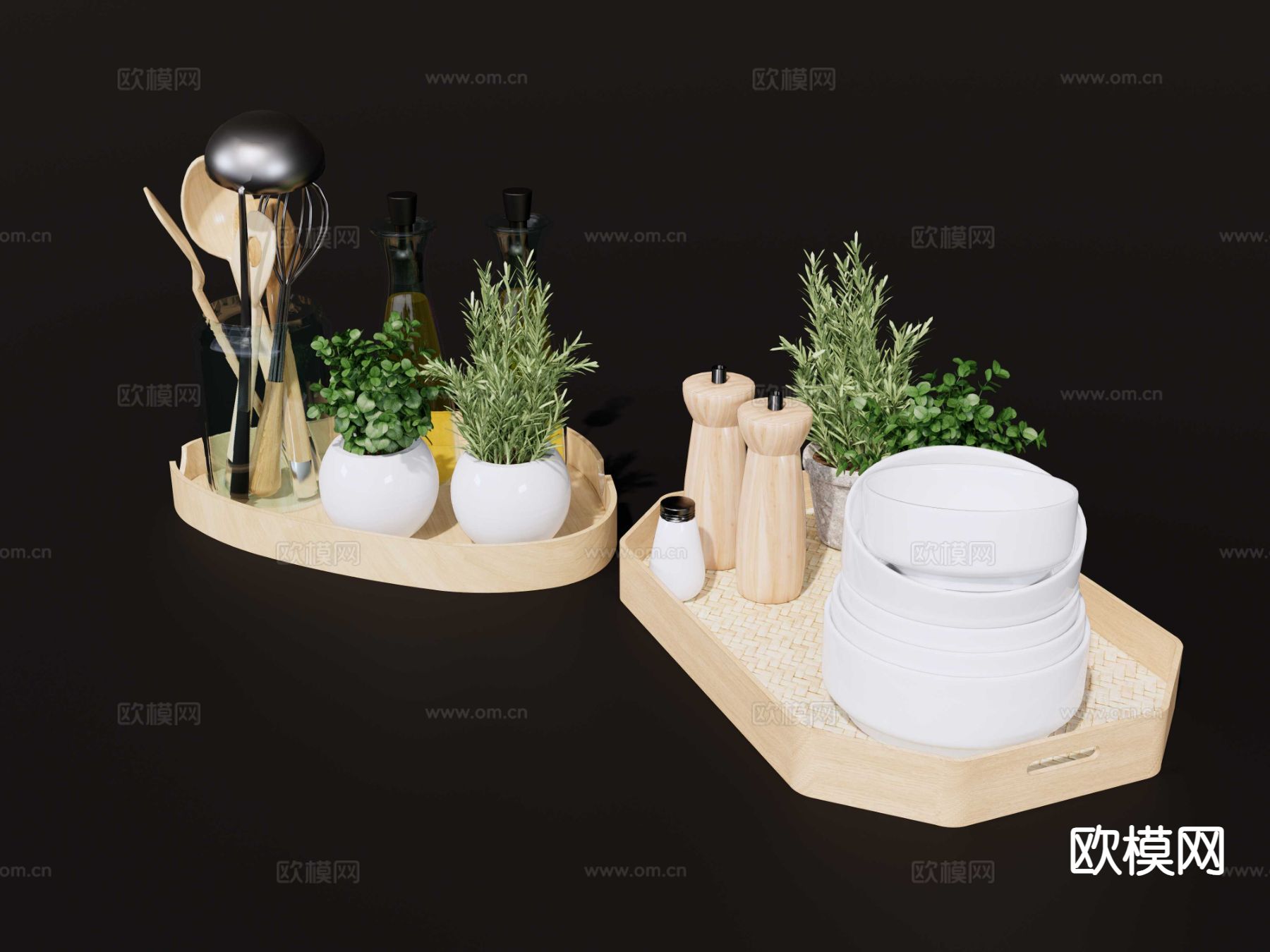 餐盘 托盘 调料盒 铲子饭勺 餐桌配饰su模型下载（渲染图3）