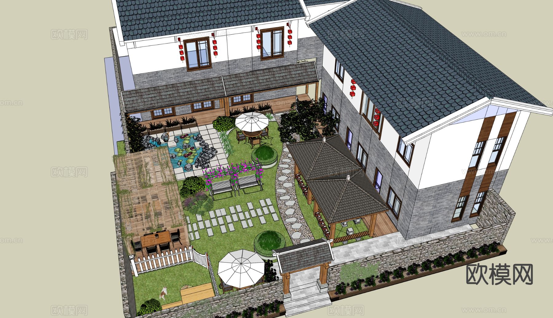 别墅庭院 花园su模型下载（渲染图4）
