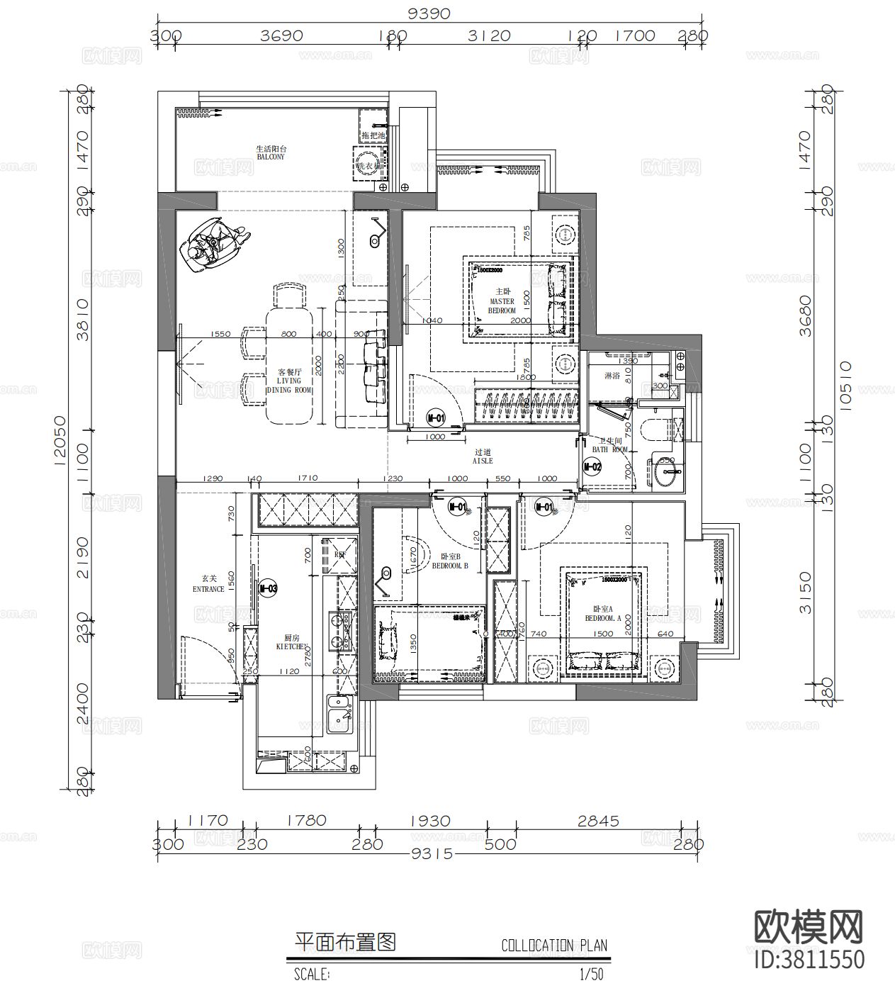 90m²小平层家装cad施工图