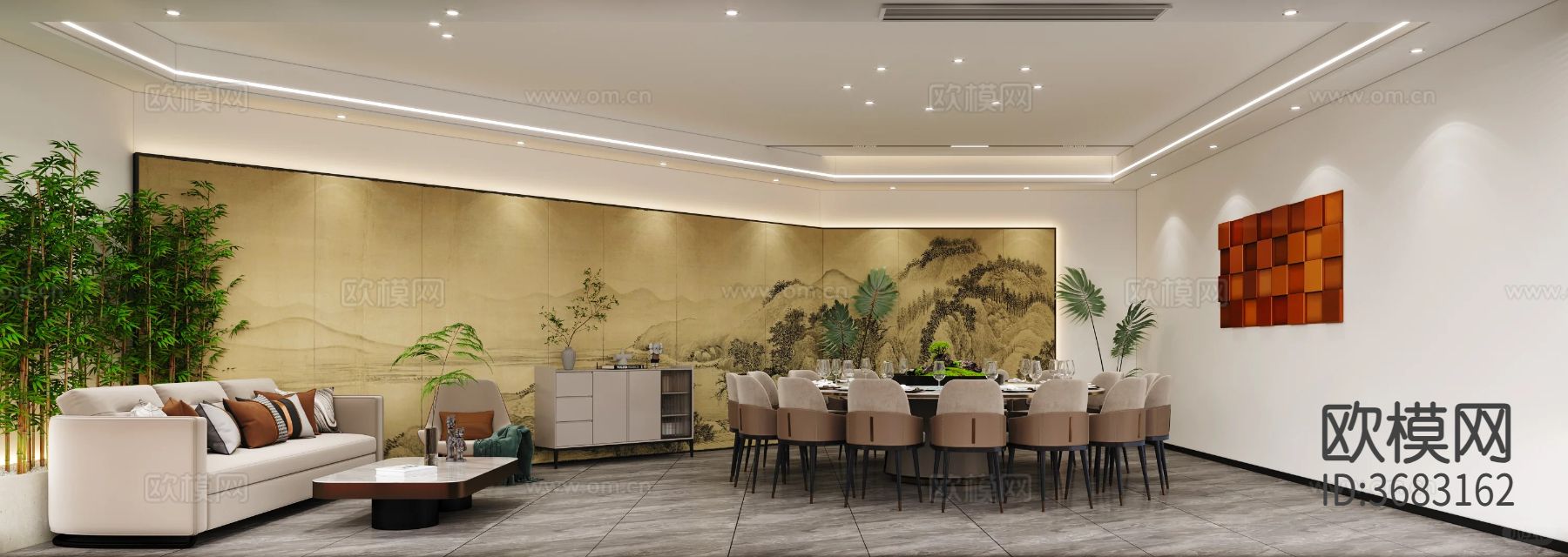 新中式 酒店包间效果图下载（渲染图3）