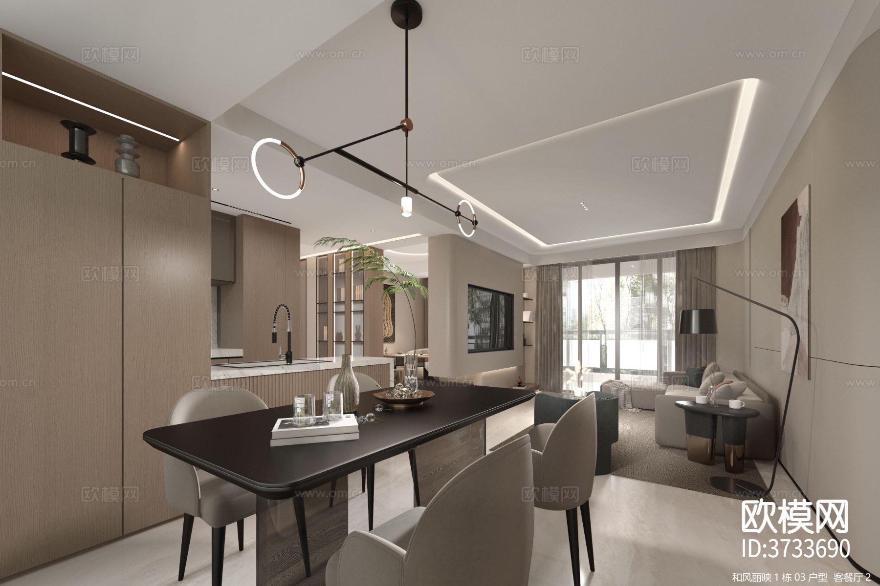 奶油风创意样板房 平层效果图下载（渲染图2）