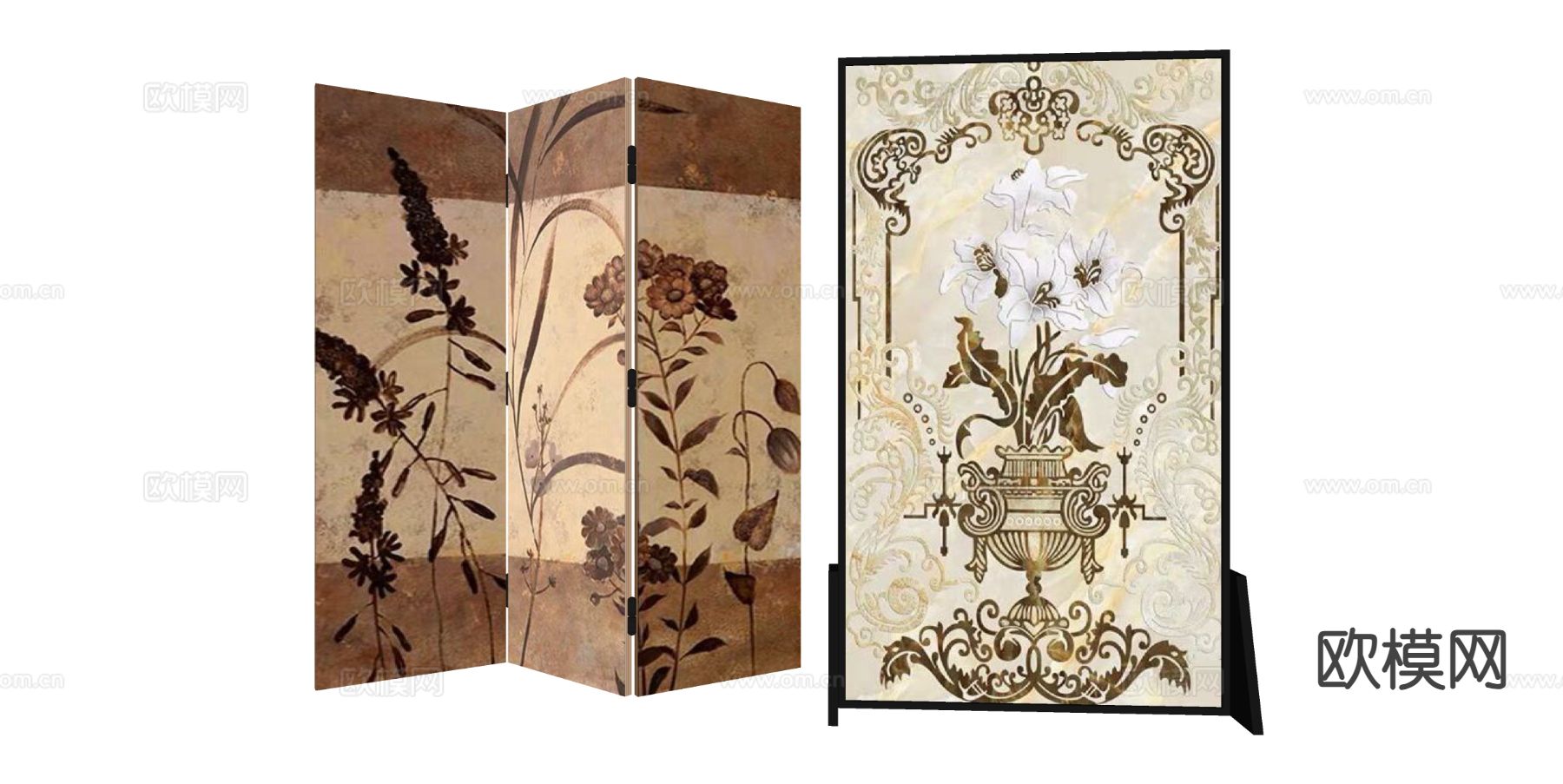 中古风屏风 壁画屏风su模型下载（渲染图1）