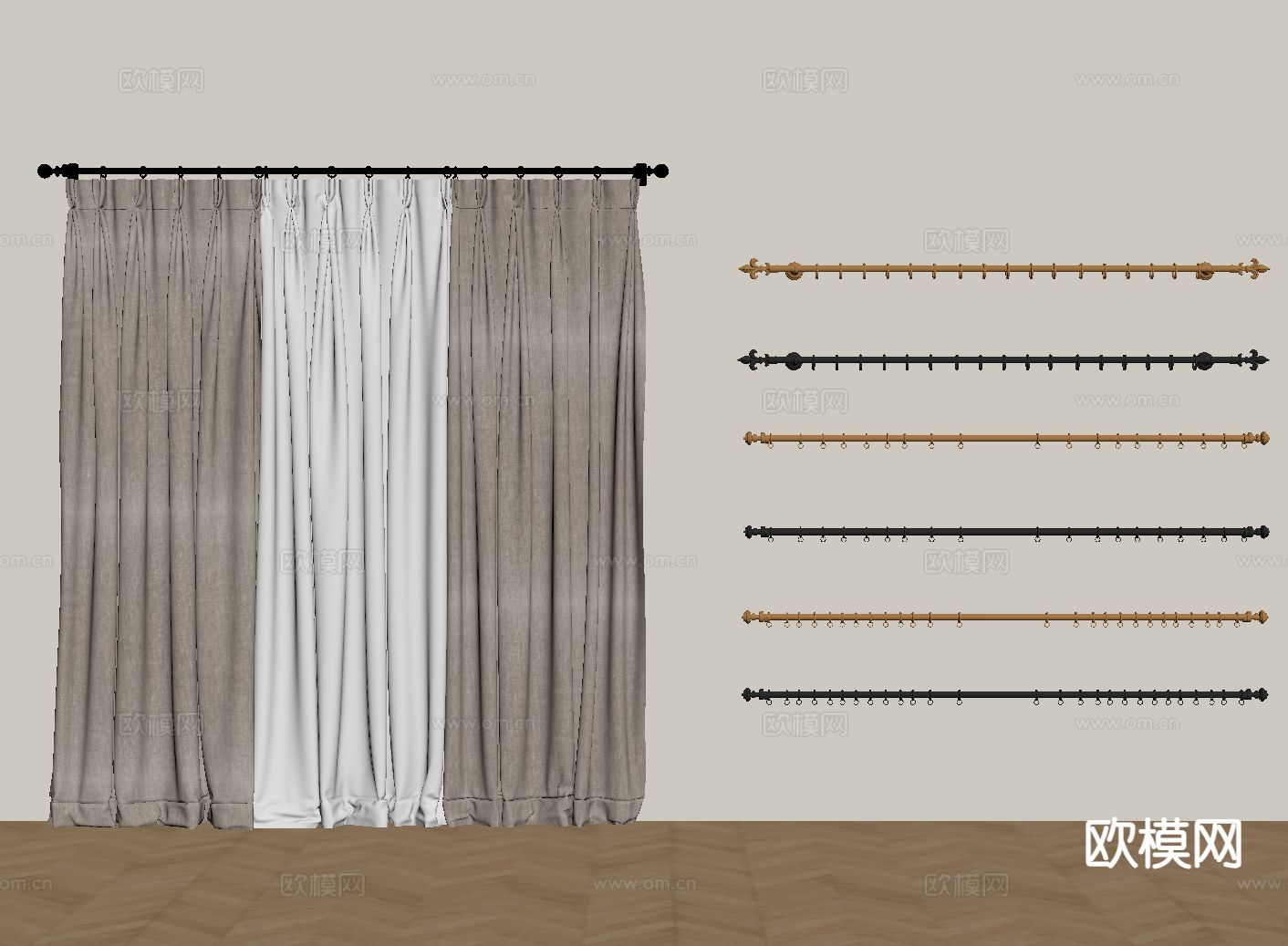 素色窗帘 窗帘杆su模型