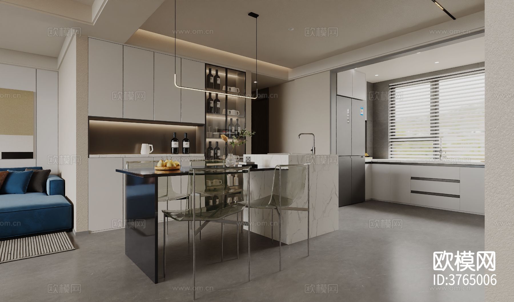 现代客餐厅 平层效果图下载（渲染图3）