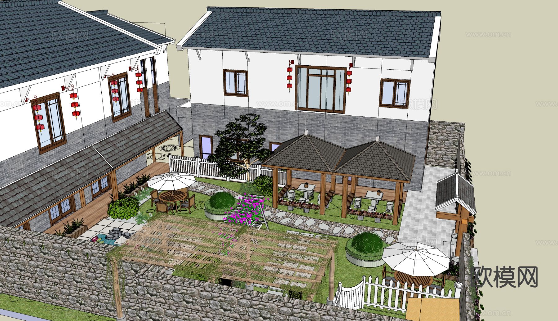 别墅庭院 花园su模型下载（渲染图2）