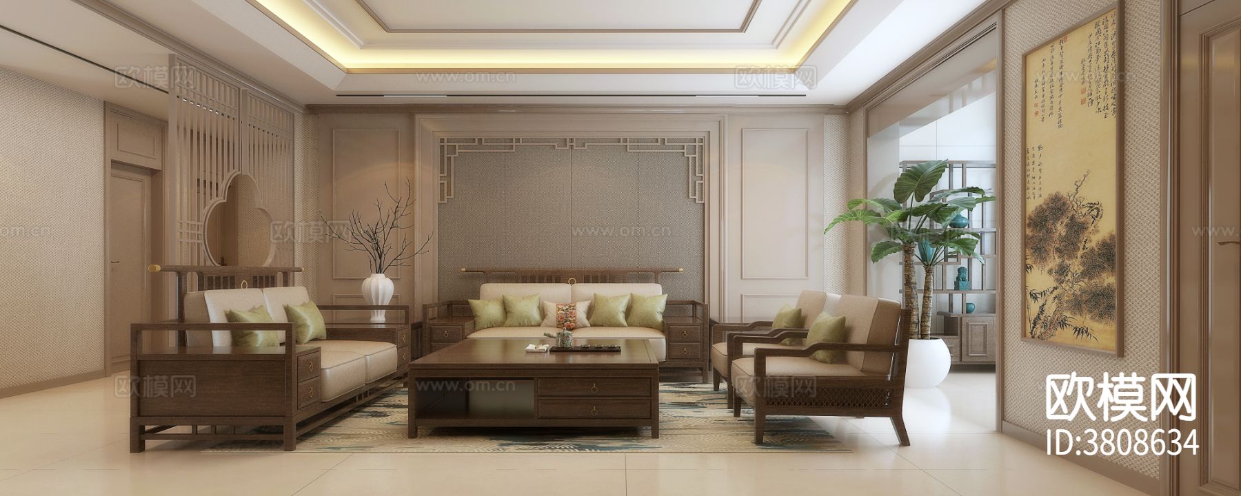 新中式平层客厅效果图下载（渲染图2）