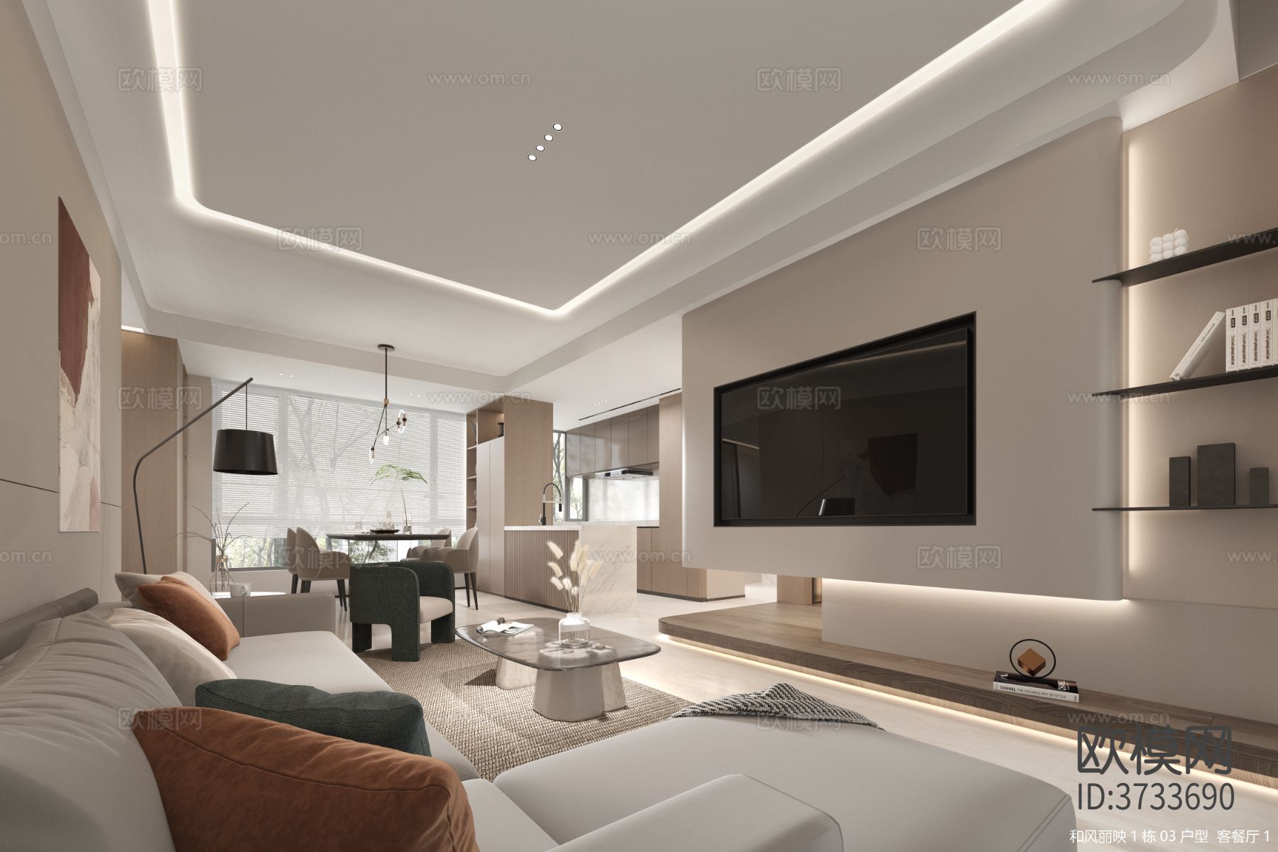 奶油风创意样板房 平层效果图下载（渲染图1）