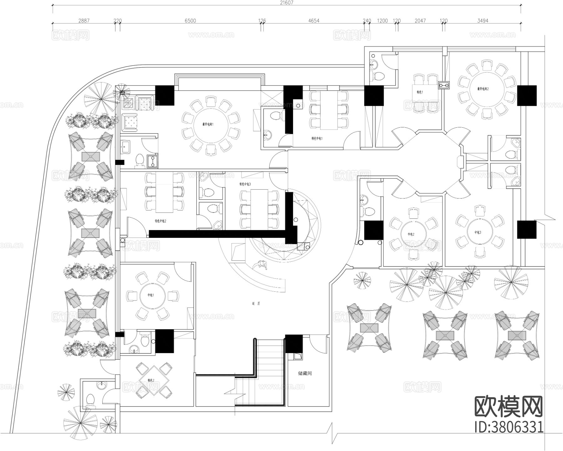 酒楼景区饭店CAD平面图下载（渲染图2）