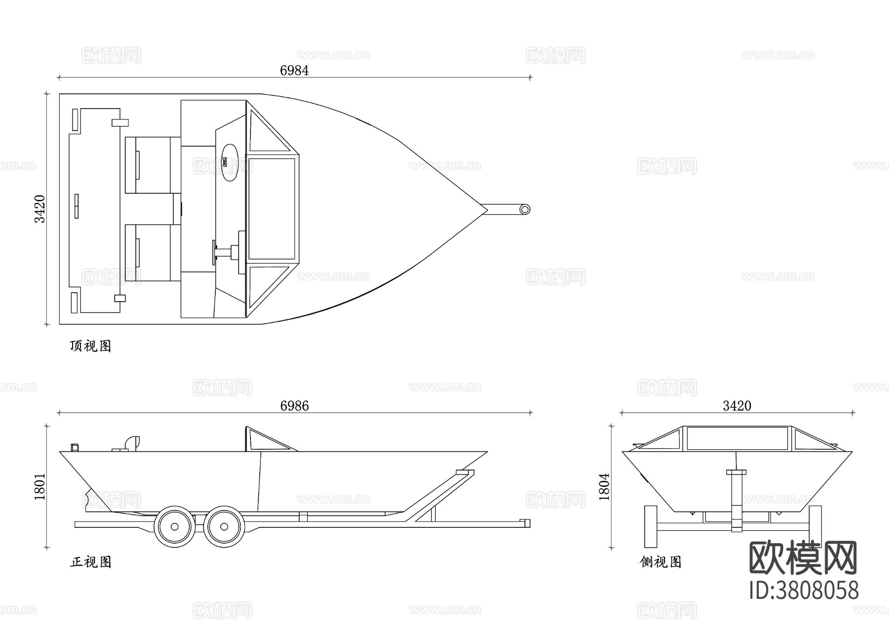 船拖车平面图 船拖车结构图 三视图