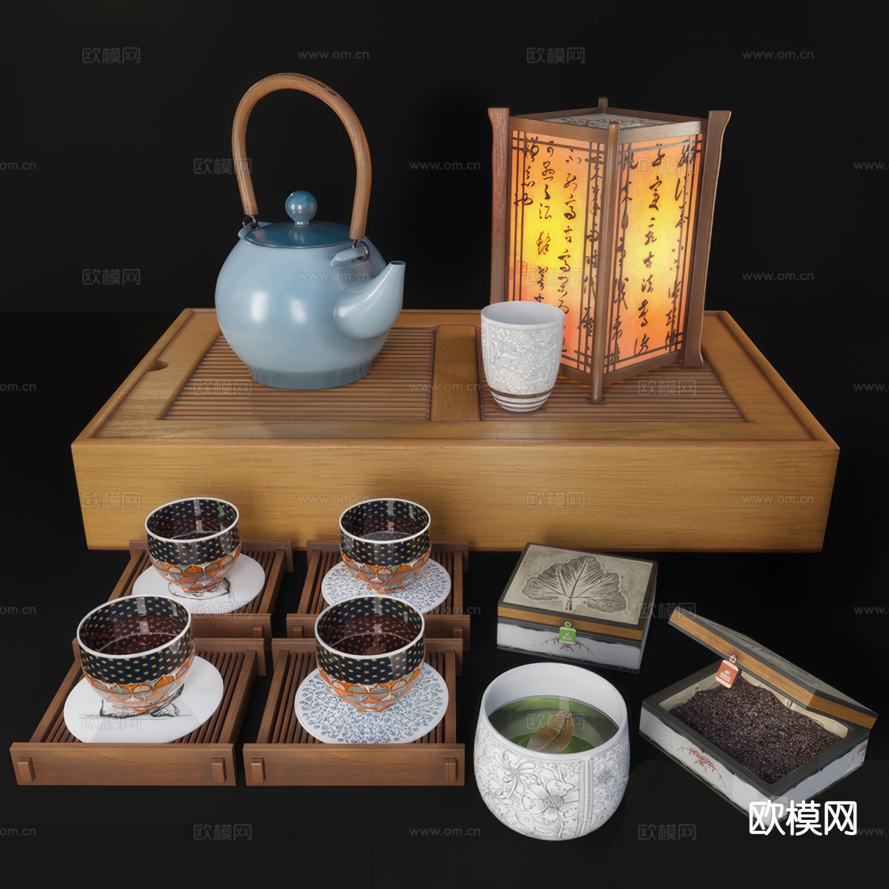 中式茶盘 茶托盘 茶具 台灯3d模型