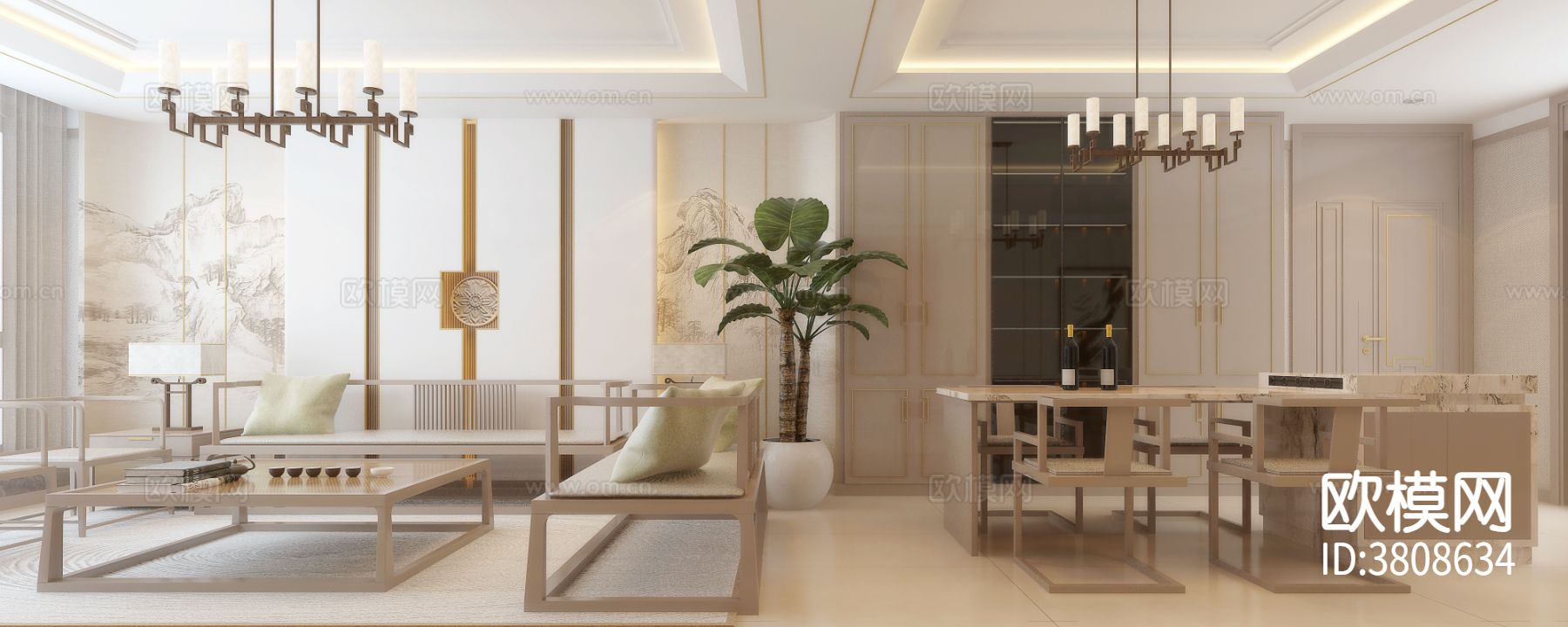 新中式平层客厅效果图下载（渲染图3）