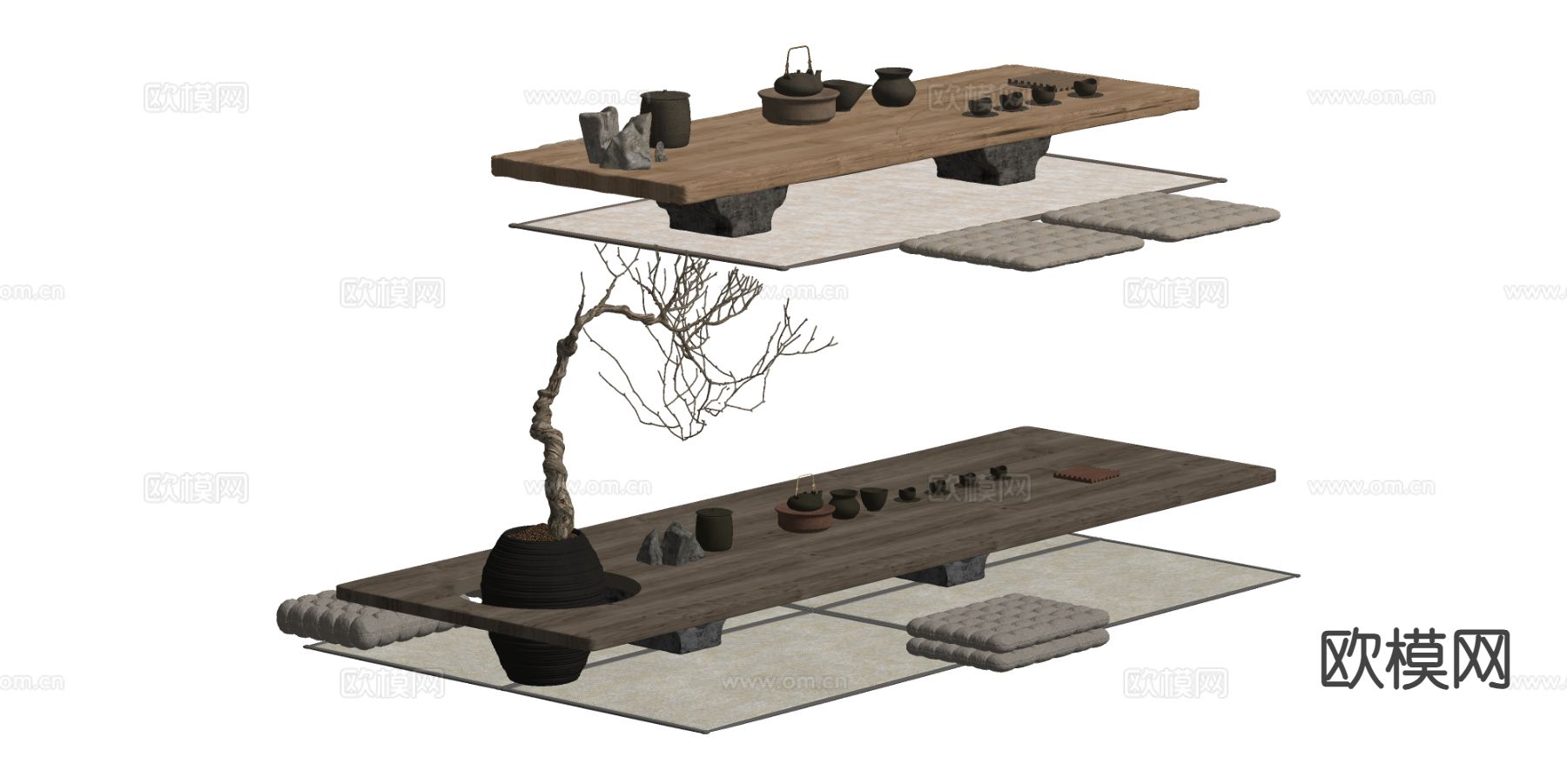 新中式茶桌 榻榻米茶台su模型