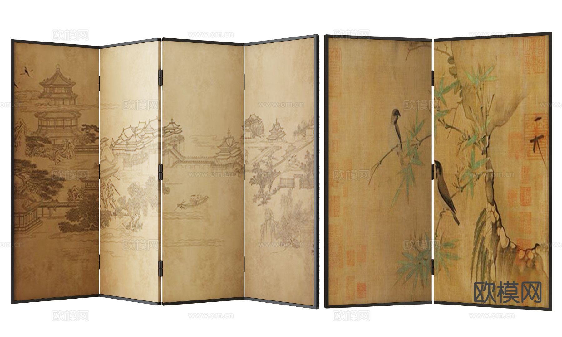 新中式屏风 壁画屏风su模型下载（渲染图2）