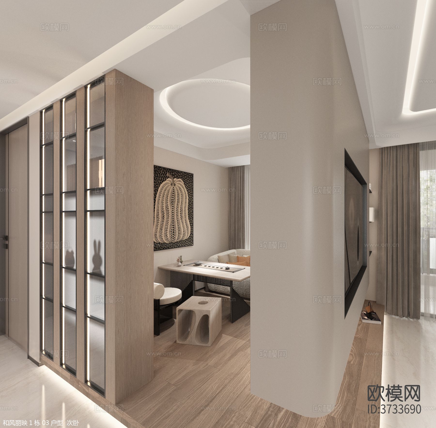 奶油风创意样板房 平层效果图下载（渲染图4）