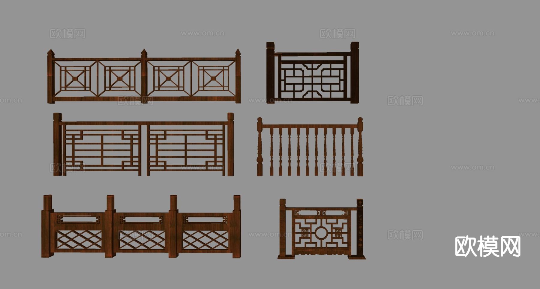 新中式实木栏杆 镂空雕花围栏 护栏su模型