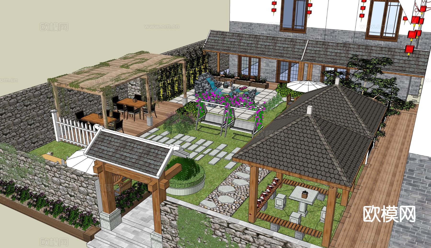 别墅庭院 花园su模型下载（渲染图3）