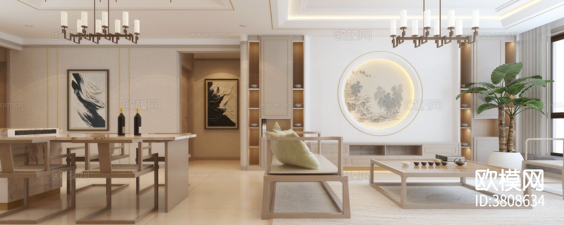 新中式平层客厅效果图下载（渲染图4）